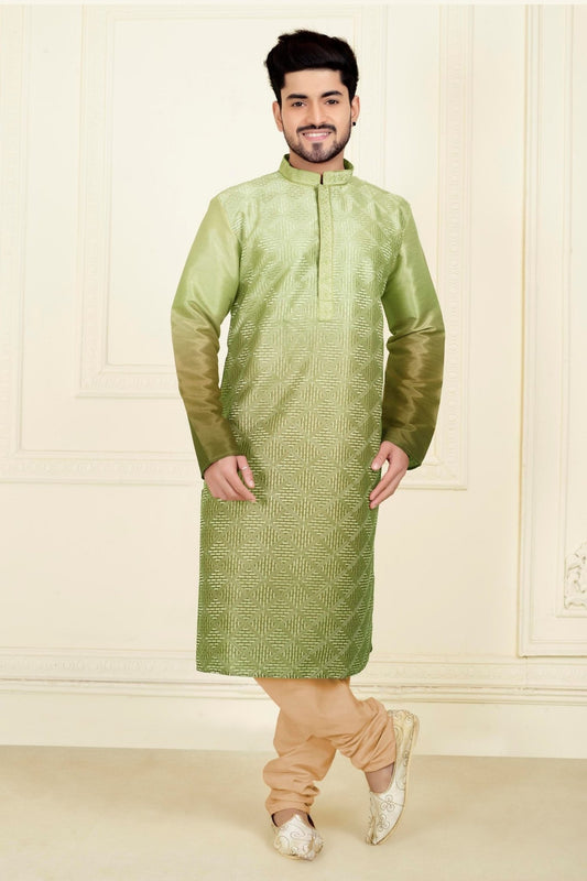 Men's Green Art Silk Kurta Pyjama Set with Geometric Woven Pattern - Mangaldeep NX
