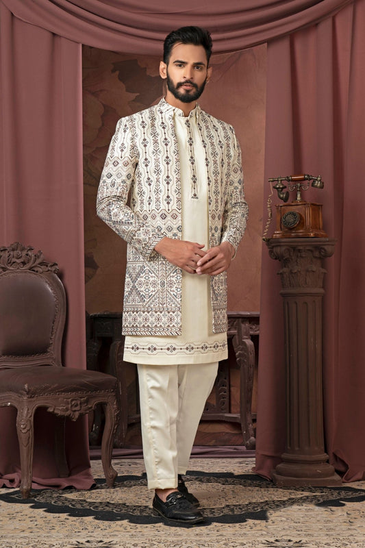 Men's Ivory Embroidered Designer Indo - Western for Weddings and Festive Wear - Mangaldeep NX