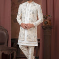Men's Ivory Thread Embroidered Indo - Western with Geometric and Leaf Pattern Jacket - Mangaldeep NX