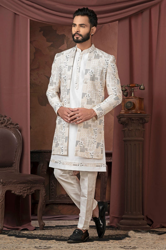 Men's Ivory Thread Embroidered Indo - Western with Geometric and Leaf Pattern Jacket - Mangaldeep NX