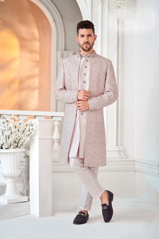 Men's Light Pink Embroidered Indo - Western Suit with Pastel Threadwork Jacket - Mangaldeep NX