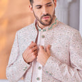 Men's Light Pink Embroidered Indo - Western Suit with Pastel Threadwork Jacket - Mangaldeep NX