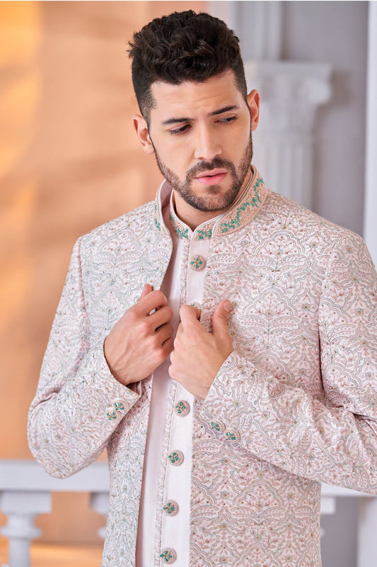 Men's Light Pink Embroidered Indo - Western Suit with Pastel Threadwork Jacket - Mangaldeep NX