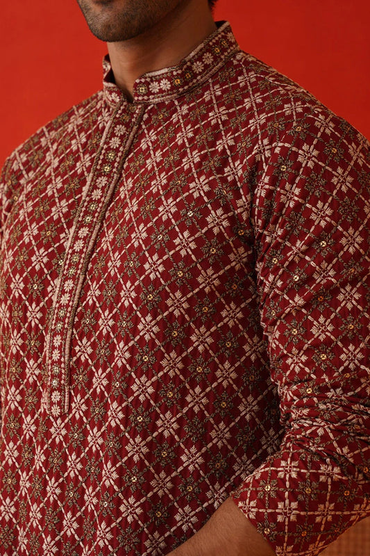 Men's Maroon Embroidered Rayon Kurta Pyjama Set - Mangaldeep NX