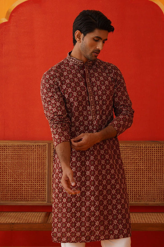Men's Maroon Embroidered Rayon Kurta Pyjama Set - Mangaldeep NX