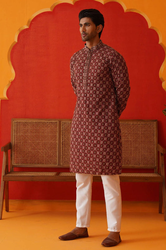 Men's Maroon Embroidered Rayon Kurta Pyjama Set - Mangaldeep NX