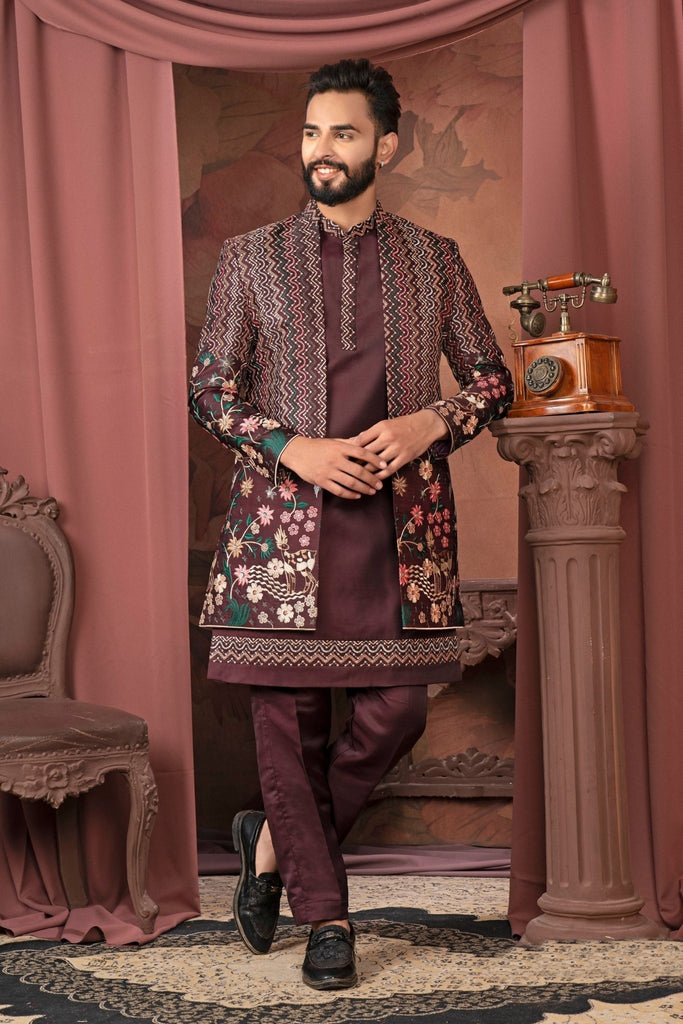 Men's Maroon Silk Floral Embroidered Indo - Western with Zigzag Pattern Jacket - Mangaldeep NX
