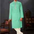 Men's Mint Green Art Silk Kurta Pyjama Set with Mirror Embroidered Placket - Mangaldeep NX