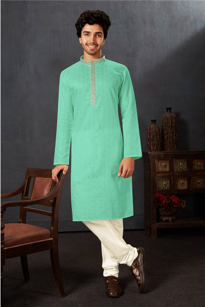 Men's Mint Green Art Silk Kurta Pyjama Set with Mirror Embroidered Placket - Mangaldeep NX