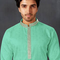 Men's Mint Green Art Silk Kurta Pyjama Set with Mirror Embroidered Placket - Mangaldeep NX