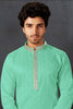 Men's Mint Green Art Silk Kurta Pyjama Set with Mirror Embroidered Placket - Mangaldeep NX