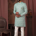 Men's Mint Green Textured Floral Indo - Western with White Pyjama - Mangaldeep NX