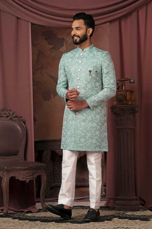 Men's Mint Green Textured Floral Indo - Western with White Pyjama - Mangaldeep NX