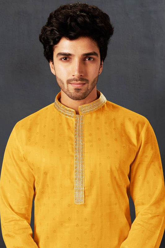Men's Mustard Yellow Art Silk Kurta Pyjama Set with Mirror Embroidered Placket - Mangaldeep NX