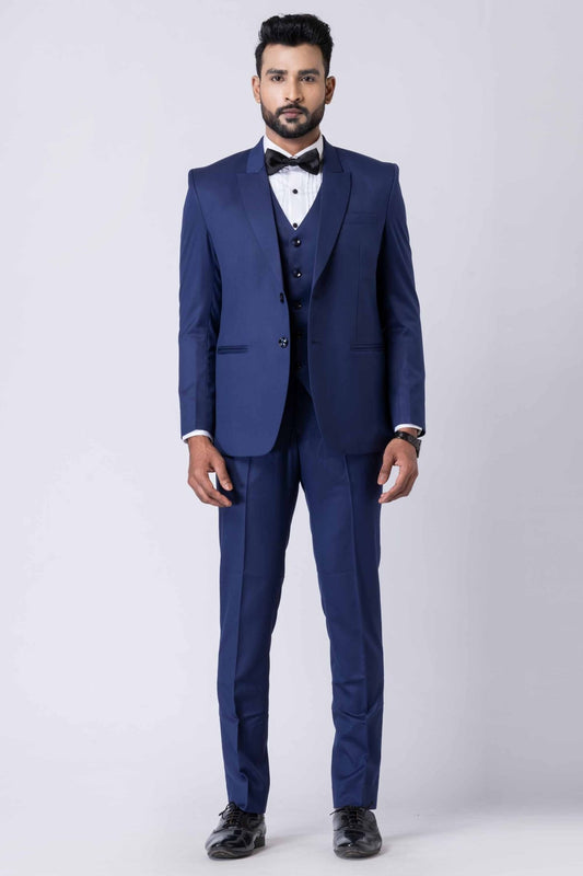 Men's Navy Blue 3 - Piece Party Wear Tuxedo Suit with Bow Tie - Mangaldeep NX