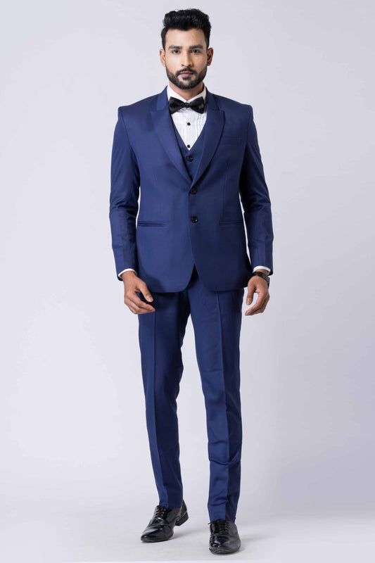Men's Navy Blue 3 - Piece Party Wear Tuxedo Suit with Bow Tie - Mangaldeep NX