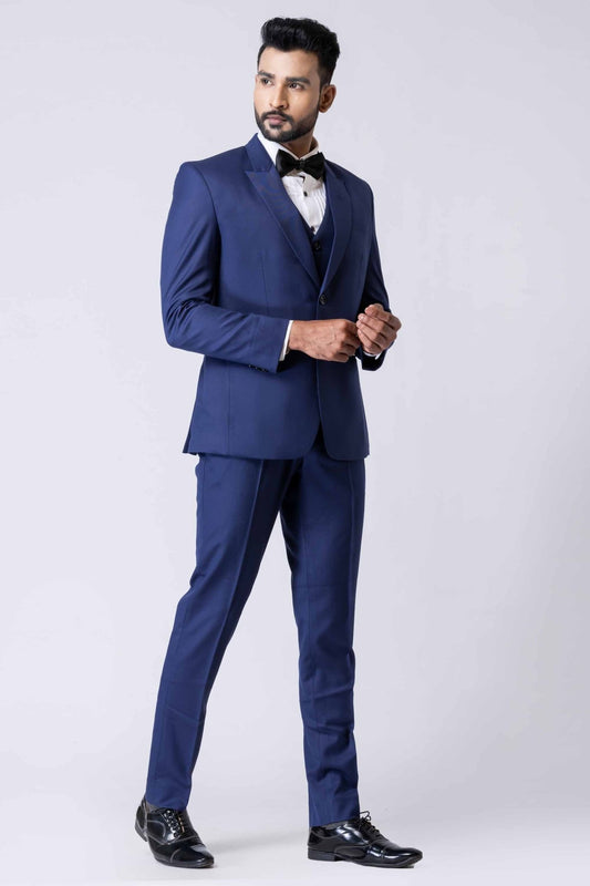 Men's Navy Blue 3 - Piece Party Wear Tuxedo Suit with Bow Tie - Mangaldeep NX