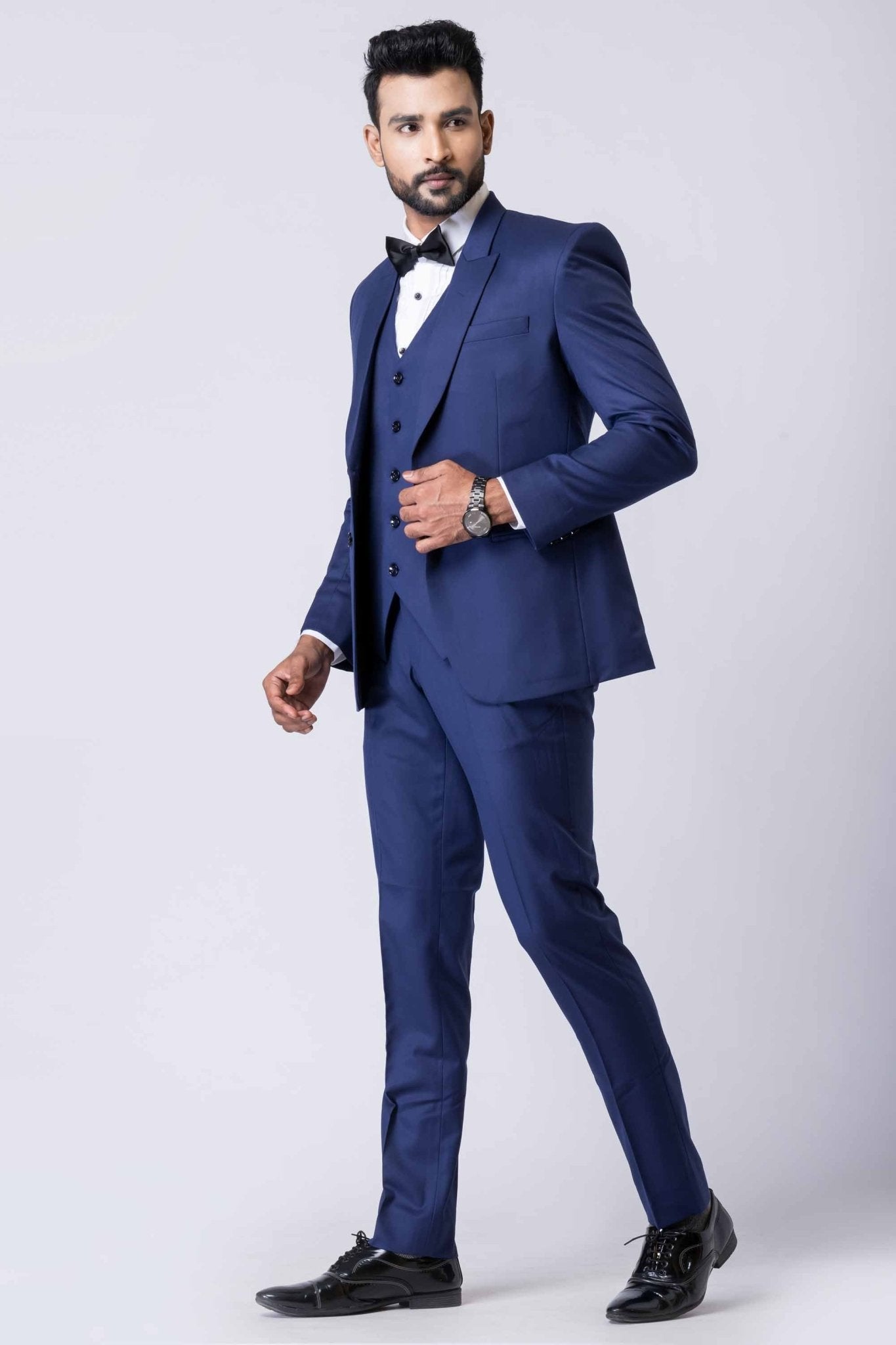 Men's Navy Blue 3 - Piece Party Wear Tuxedo Suit with Bow Tie - Mangaldeep NX
