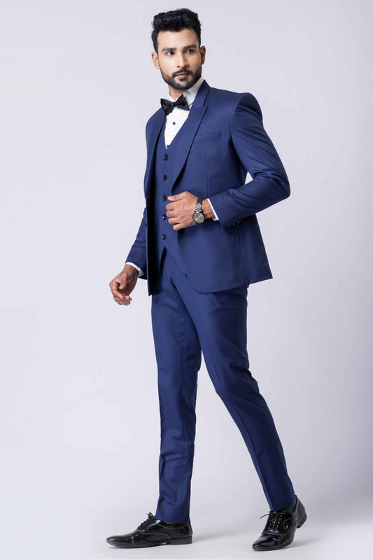 Men's Navy Blue 3 - Piece Party Wear Tuxedo Suit with Bow Tie - Mangaldeep NX