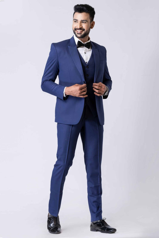 Men's Navy Blue 3 - Piece Party Wear Tuxedo Suit with Bow Tie - Mangaldeep NX
