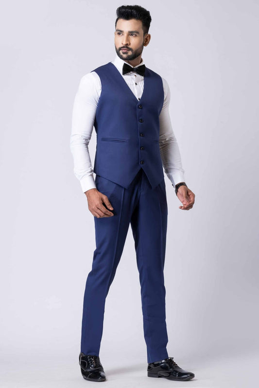 Men's Navy Blue 3 - Piece Party Wear Tuxedo Suit with Bow Tie - Mangaldeep NX