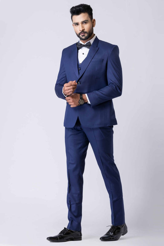 Men's Navy Blue 3 - Piece Party Wear Tuxedo Suit with Bow Tie - Mangaldeep NX