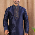 Men's Navy Blue Art Silk Kurta Pyjama Set with Heavy Embroidered Placket and Cuff Detailing - Mangaldeep NX
