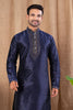 Men's Navy Blue Art Silk Kurta Pyjama Set with Heavy Embroidered Placket and Cuff Detailing - Mangaldeep NX
