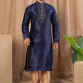 Men's Navy Blue Art Silk Kurta Pyjama Set with Heavy Embroidered Placket and Cuff Detailing - Mangaldeep NX