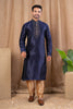 Men's Navy Blue Art Silk Kurta Pyjama Set with Heavy Embroidered Placket and Cuff Detailing - Mangaldeep NX