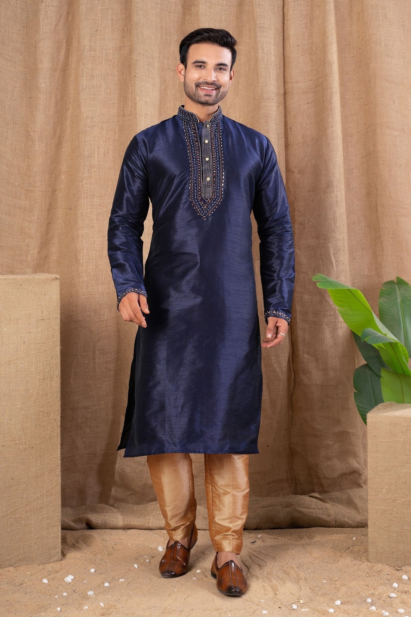 Men's Navy Blue Art Silk Kurta Pyjama Set with Heavy Embroidered Placket and Cuff Detailing - Mangaldeep NX