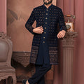 Men's Navy Blue Embroidered Velvet Indo - Western Outfit for Weddings and Festive Events - Mangaldeep NX