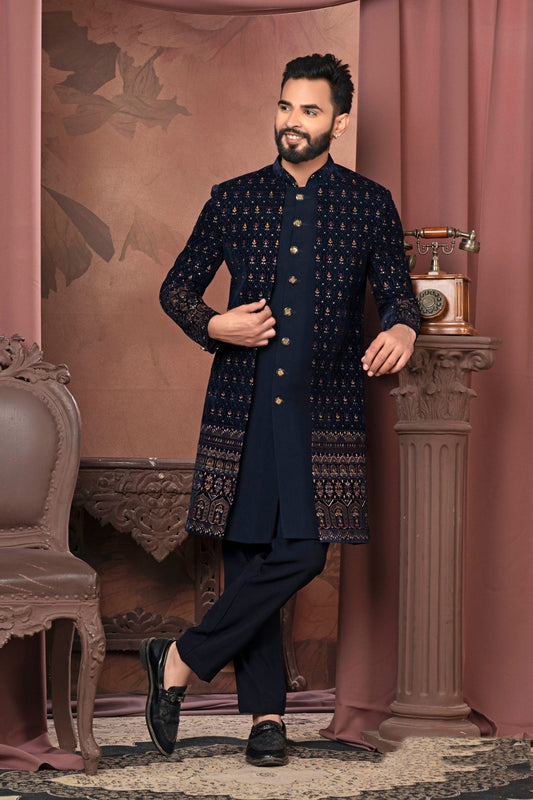 Men's Navy Blue Embroidered Velvet Indo - Western Outfit for Weddings and Festive Events - Mangaldeep NX