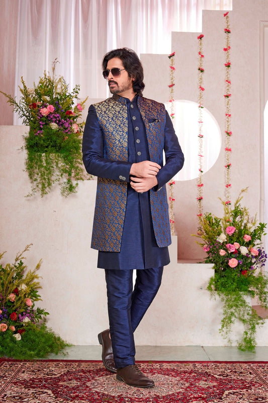 Men’s Navy Blue Indo‑Western Sherwani with Golden Brocade Jacket and Button Detailing - Mangaldeep NX