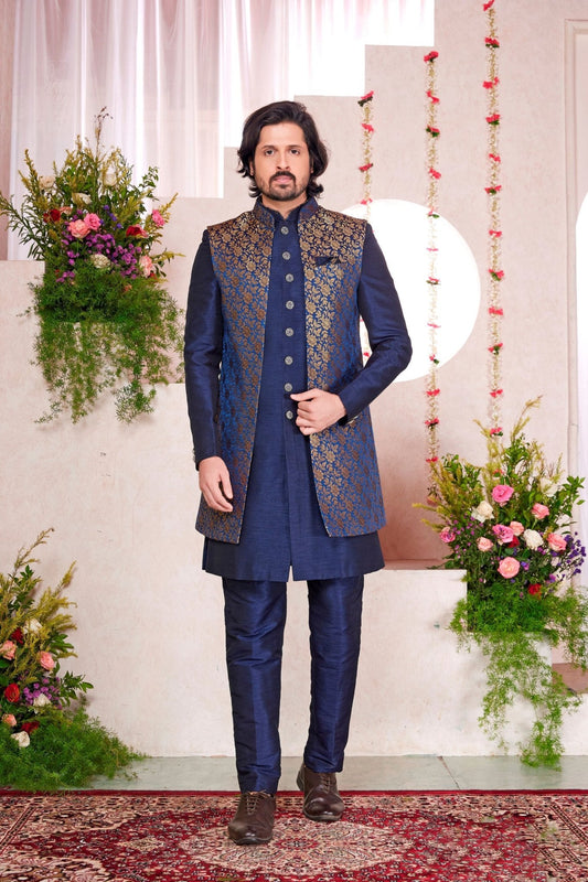 Men’s Navy Blue Indo‑Western Sherwani with Golden Brocade Jacket and Button Detailing - Mangaldeep NX