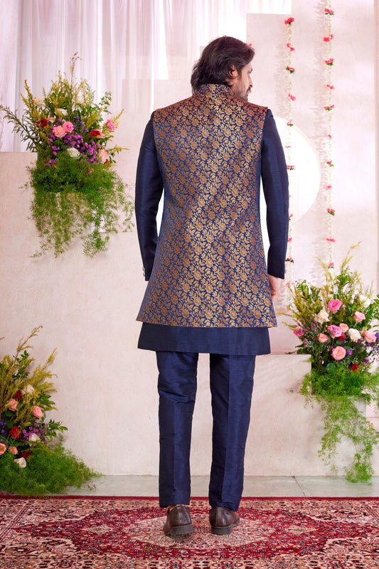 Men’s Navy Blue Indo‑Western Sherwani with Golden Brocade Jacket and Button Detailing - Mangaldeep NX