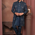 Men's Navy Blue Silk Embroidered Indo - Western with Designer Jacket - Mangaldeep NX