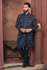 Men's Navy Blue Silk Embroidered Indo - Western with Designer Jacket - Mangaldeep NX