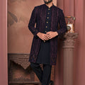 Men's Navy Blue Velvet Embroidered Indo - Western with Gold Buttons - Mangaldeep NX