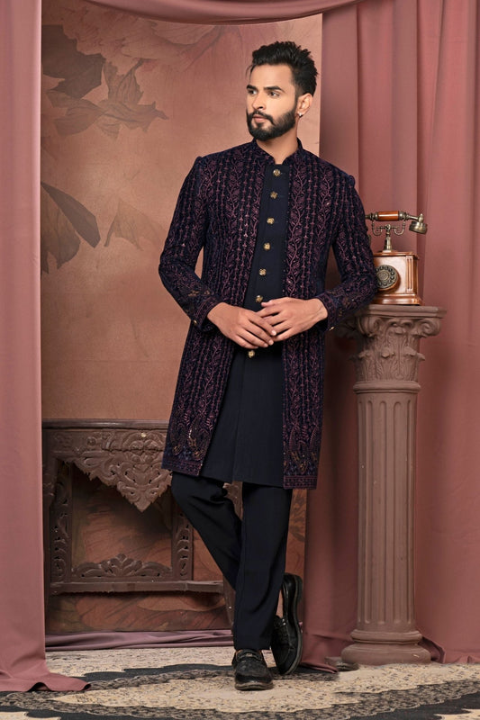 Men's Navy Blue Velvet Embroidered Indo - Western with Gold Buttons - Mangaldeep NX