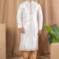 Men's Off - White Art Silk Kurta Pyjama Set with Embroidered Placket and Hem Detailing - Mangaldeep NX