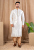 Men's Off - White Art Silk Kurta Pyjama Set with Embroidered Placket and Hem Detailing - Mangaldeep NX