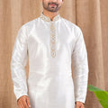Men's Off - White Art Silk Kurta Pyjama Set with Embroidered Placket and Hem Detailing - Mangaldeep NX