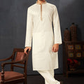 Men's Off White Art Silk Kurta Pyjama Set with Mirror Embroidered Placket - Mangaldeep NX