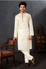 Men's Off White Art Silk Kurta Pyjama Set with Mirror Embroidered Placket - Mangaldeep NX