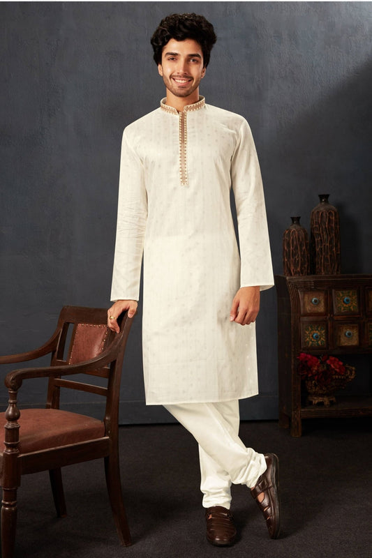 Men's Off White Art Silk Kurta Pyjama Set with Mirror Embroidered Placket - Mangaldeep NX