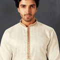 Men's Off White Art Silk Kurta Pyjama Set with Mirror Embroidered Placket - Mangaldeep NX