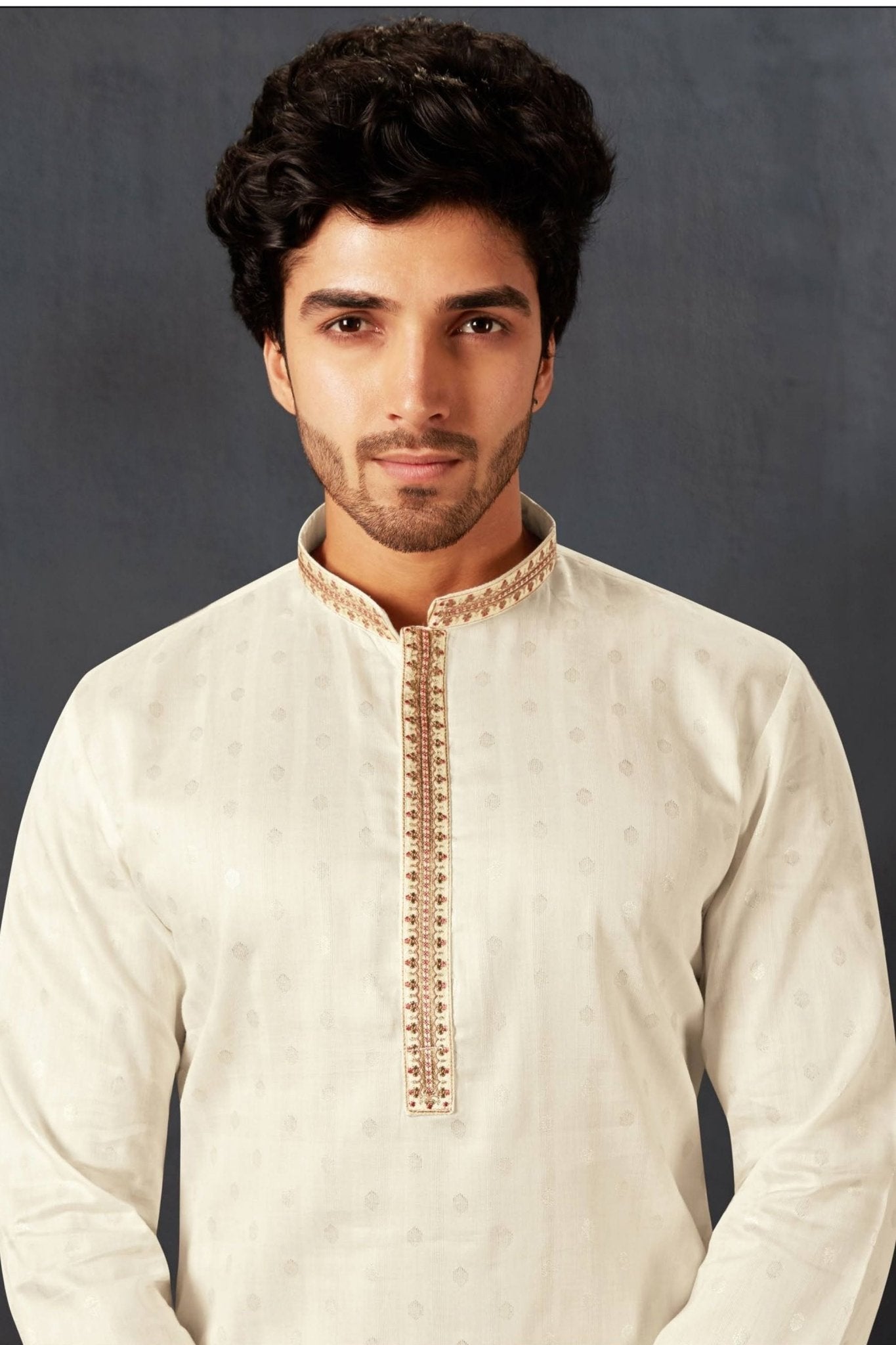Men's Off White Art Silk Kurta Pyjama Set with Mirror Embroidered Placket - Mangaldeep NX