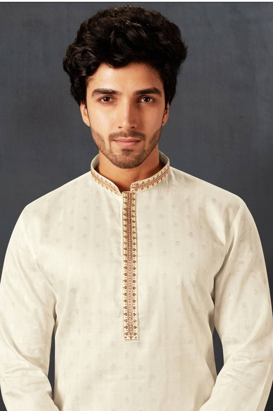 Men's Off White Art Silk Kurta Pyjama Set with Mirror Embroidered Placket - Mangaldeep NX