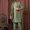Men's Olive Green Mirror and Thread Embroidered Indo - Western with Sequinned Jacket - Mangaldeep NX